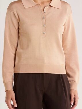 Tahari Elie Solid Polo Sweater color camel wood. Elegant half-button closure